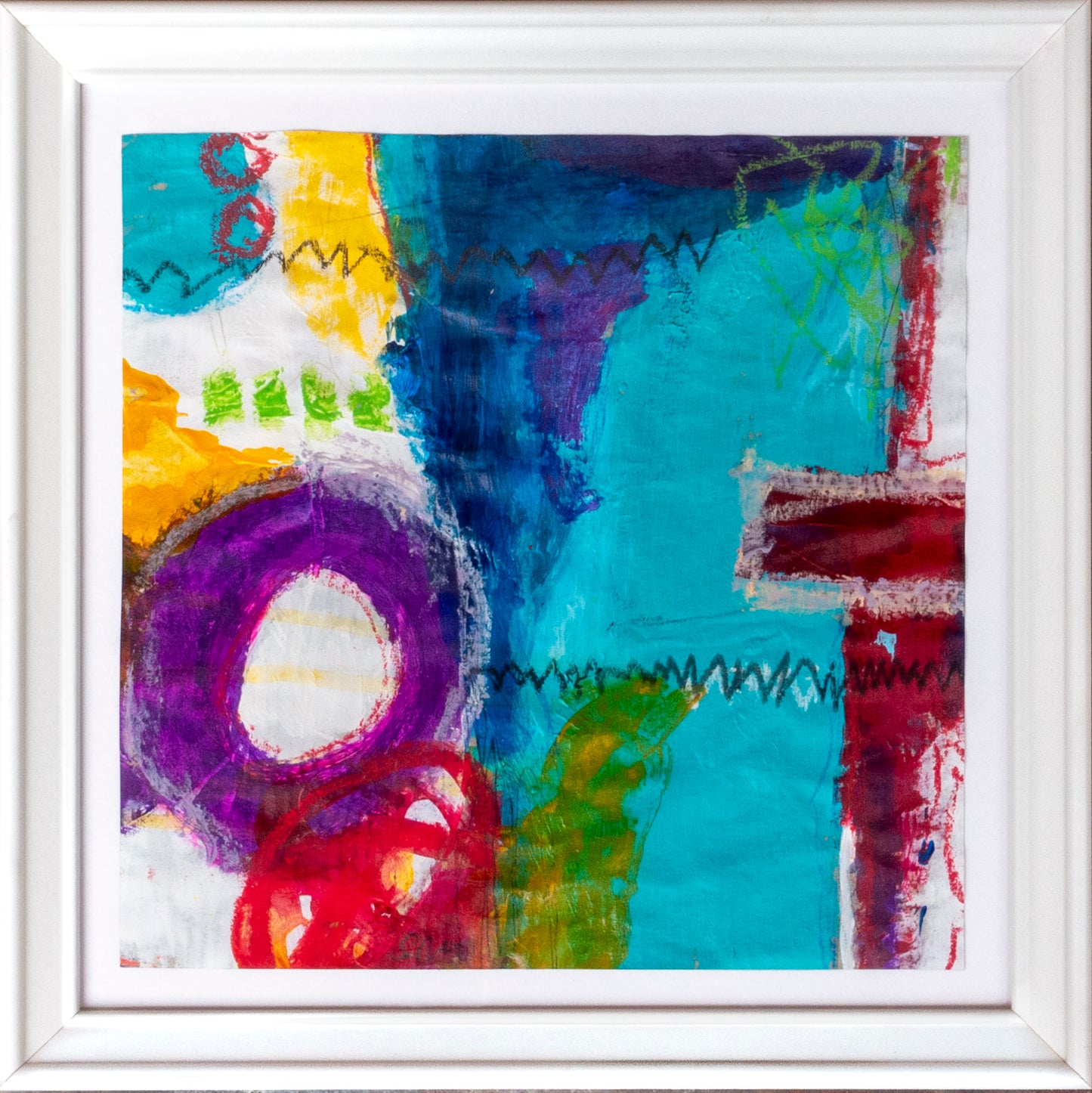 Colorful acrylic abstract painting on paper titled 'Part of the Whole #12' by artist Steffi Möllers; measures app 7.5"x7.5"; w/frame measures 10"x10"