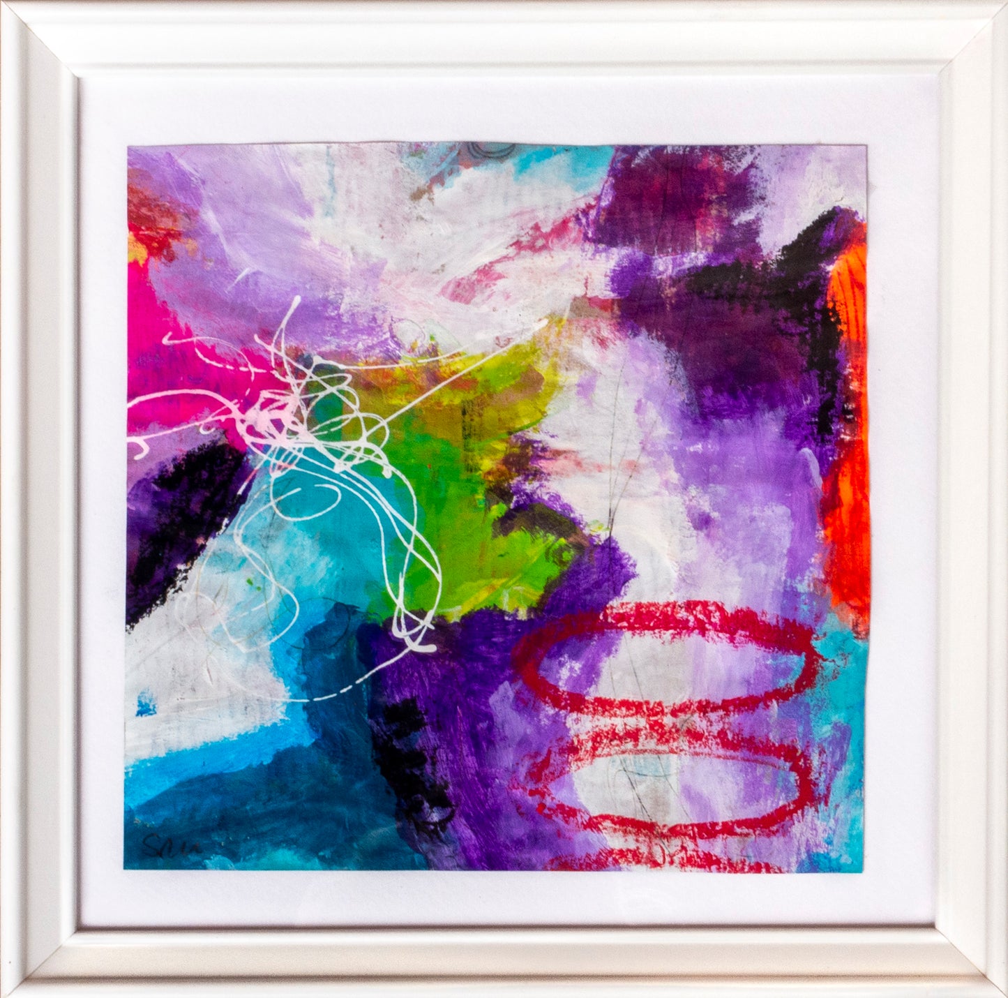 Colorful acrylic abstract painting on paper titled 'Part of the Whole #11' by artist Steffi Möllers; measures app 7.5"x7.5"; w/frame measures app 10"x10"