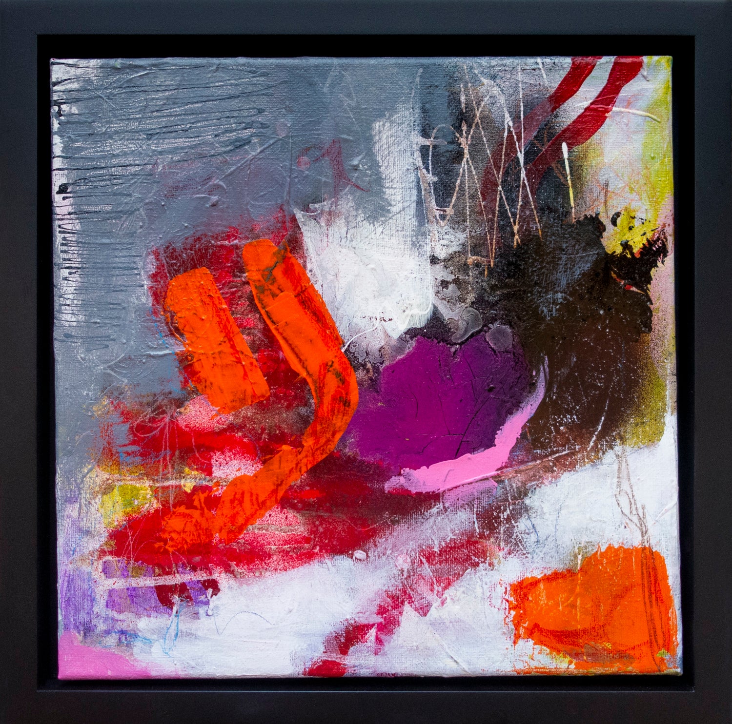 Colorful abstract painting using acrylic paint titled 'Break Free II' by artist Steffi Möllers; canvas measures 12"x12"; with black wood frame measures 13"x13"