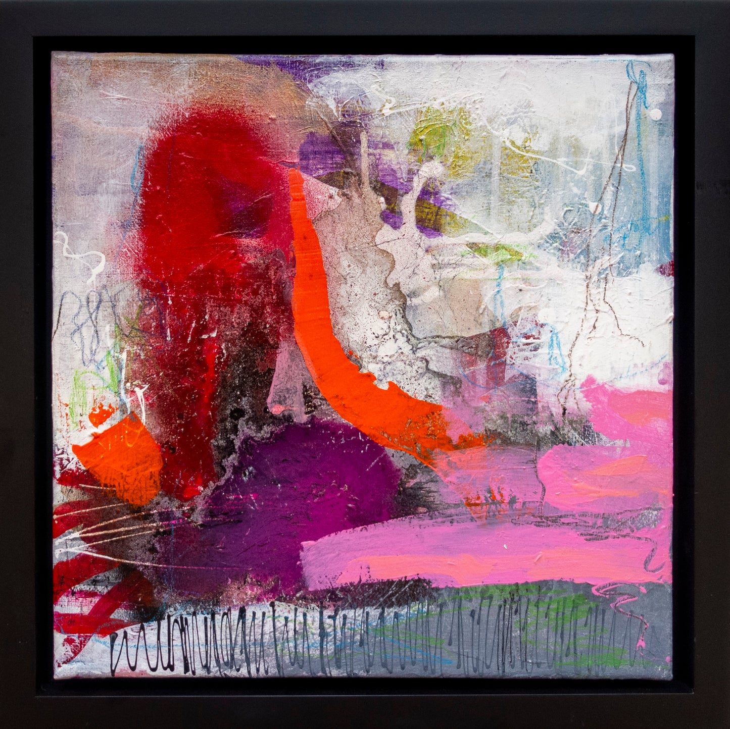 Colorful abstract painting using acrylic paint titled 'Break Free I' by artist Steffi Möllers; canvas measures 12"x12"; with black wood frame measures 13"x13"