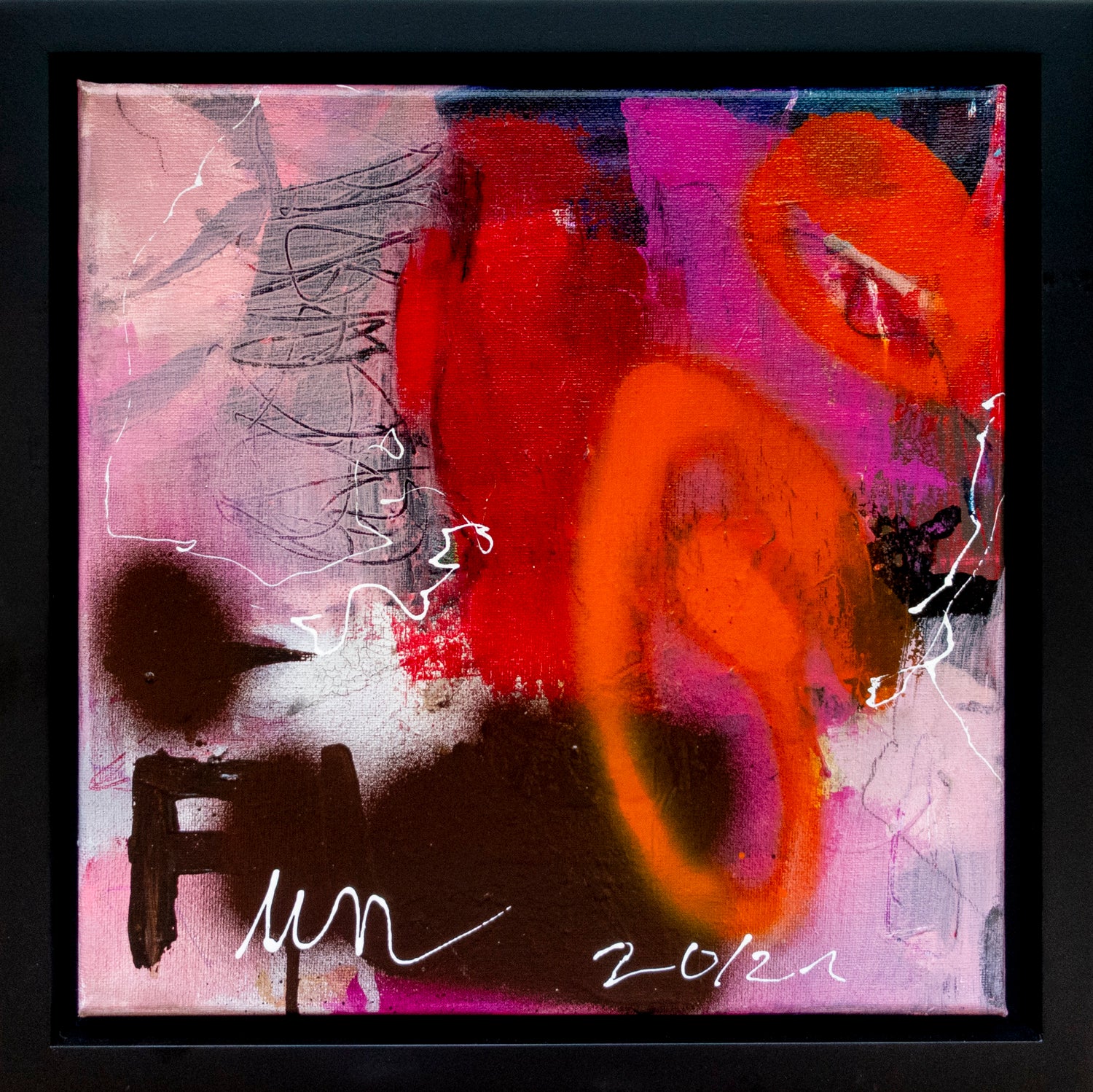 Colorful abstract painting using acrylic paint titled 'Fun' by artist Steffi Möllers; measures 12"x12" and 14"x14" with black frame