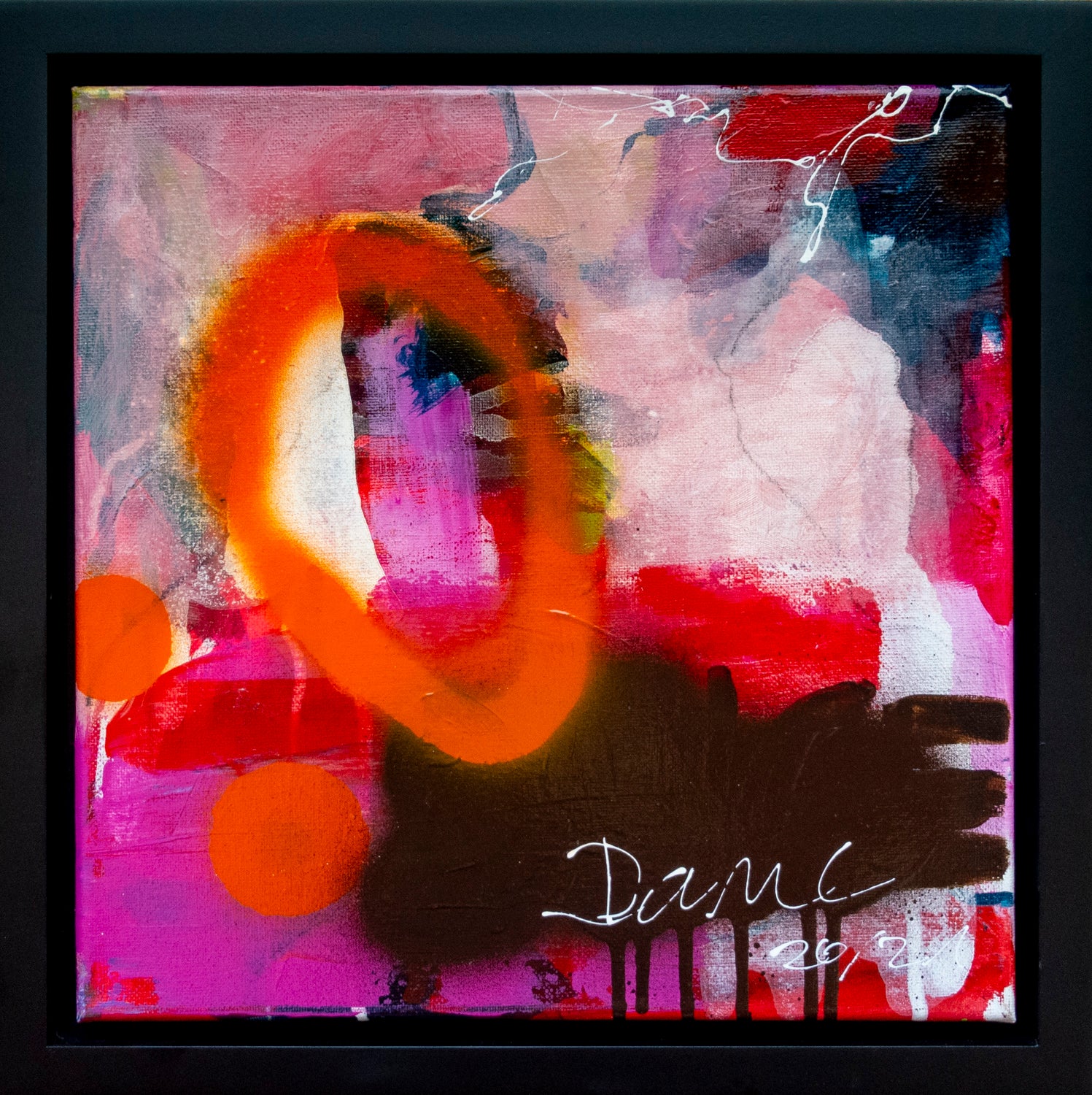 Colorful abstract painting using acrylic paint titled 'Dance' by artist Steffi Möllers; measures 12"x12" and 14"x14" with black frame