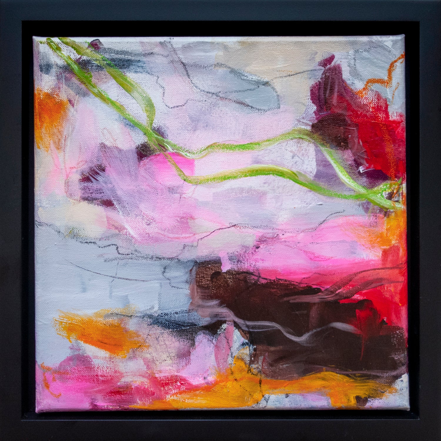 Colorful abstract painting using acrylic paint titled 'Maia' by artist Steffi Möllers; canvas measures 12"x12"; with black wood frame measures 13"x13"