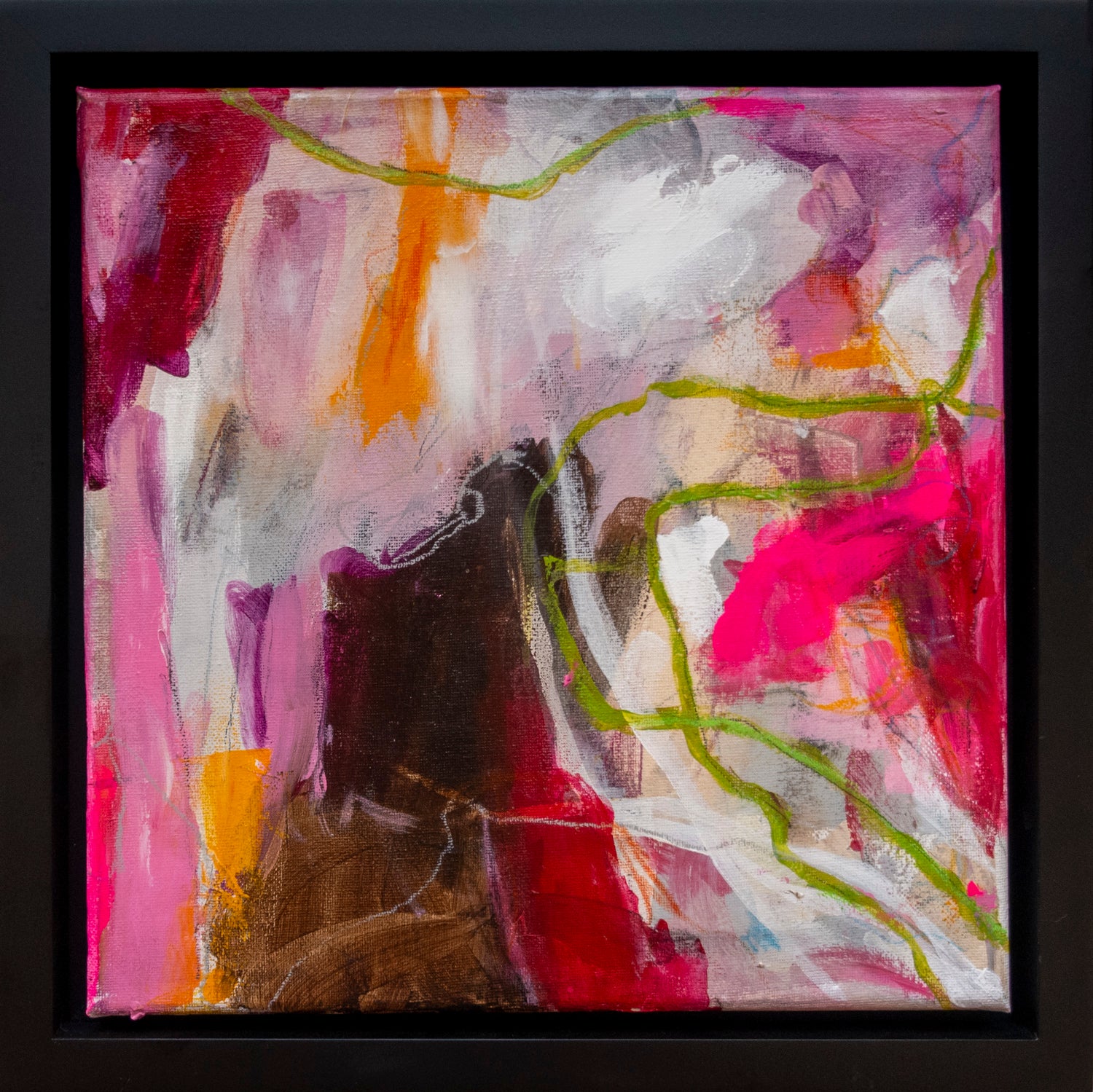 Colorful abstract painting using acrylic paint titled 'Hera' by artist Steffi Möllers; canvas measures 12"x12"; with black wood frame measures 13"x13"