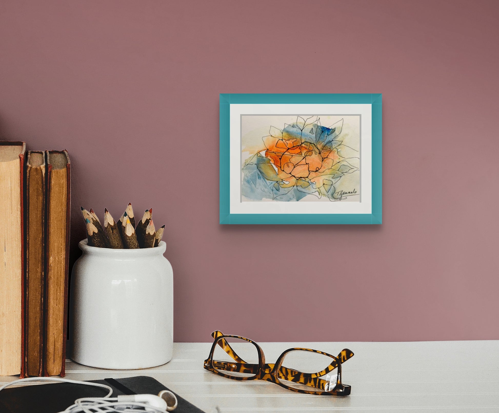 Small original watercolor in blues and oranges. Embellished with ink drawing of an abstract sunflower; artist Teri Gammalo; 7"Wx5"H; shown in situ