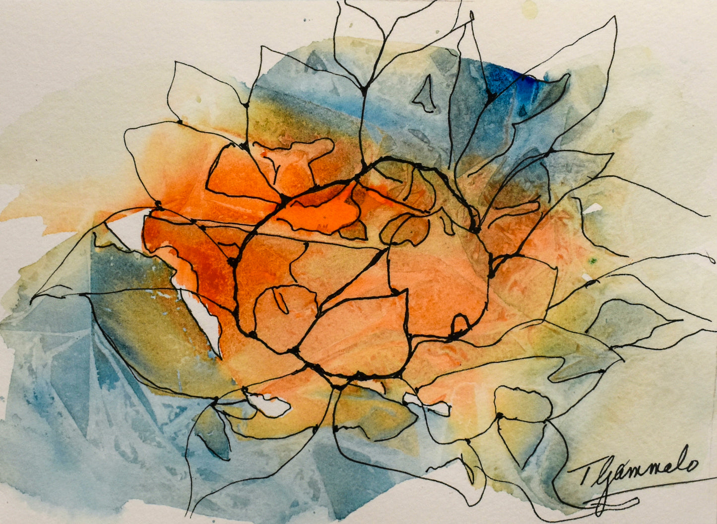 Small original watercolor in blues and oranges. Embellished with ink drawing of an abstract sunflower; artist Teri Gammalo; 7"Wx5"H