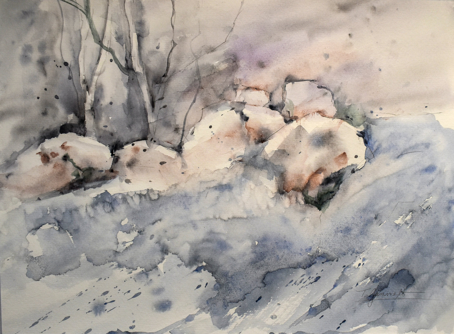 Original watercolor depicting a snow scene in nature with boulders and barren trees. Hues of grey, white and tans; artist Teri Gammalo; 15"Wx11"H