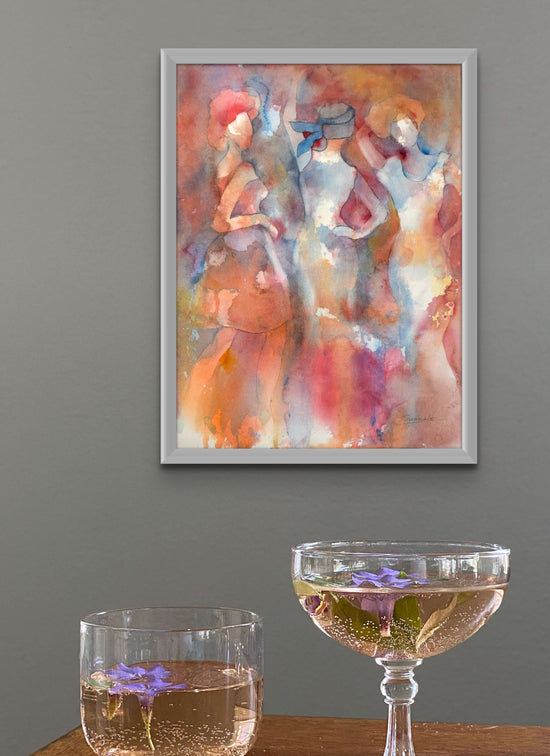 Watercolor painting in soft hues of orange, blues, white and red featuring three women in movement, in situ; artist Teri Gammalo; 11