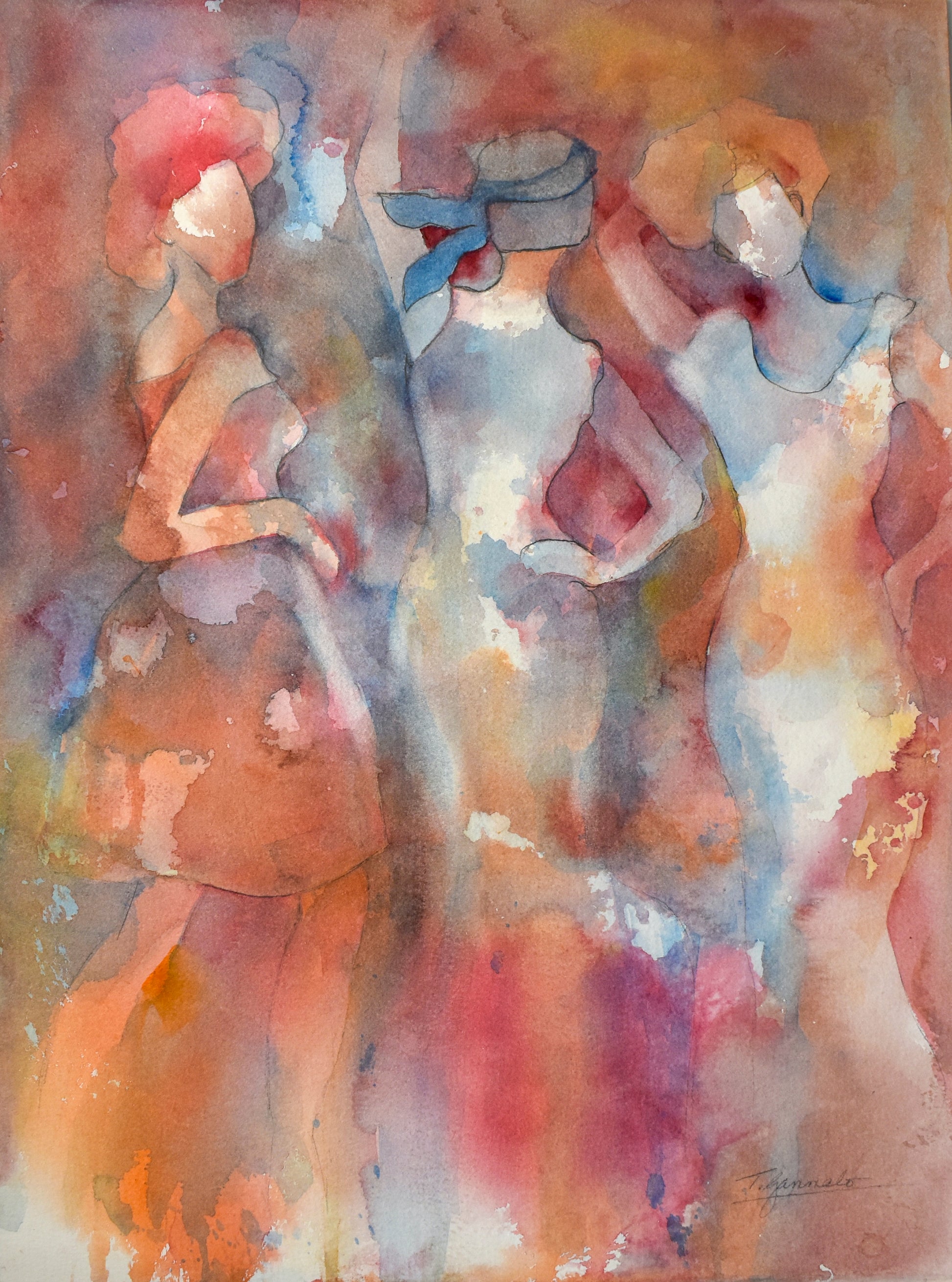 Watercolor painting in soft hues of orange, blues, white and red featuring three women in movement; artist Teri Gammalo; 11"Wx15"H