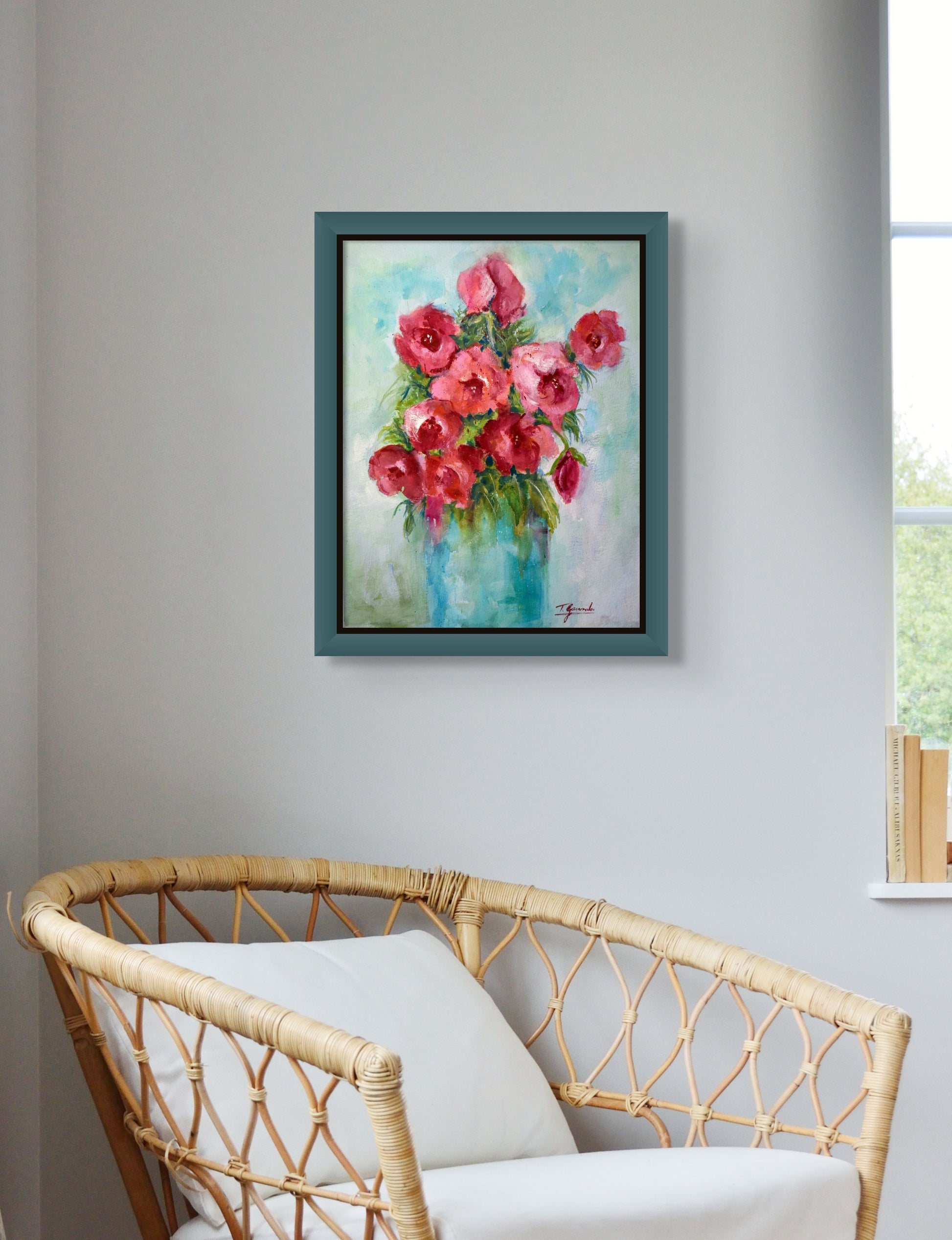 Gouache painting of a teal vase packed full of beautiful pink flowers in various stages of bloom; artist Teri Gammalo; 11"Wx15"H; shown in situ