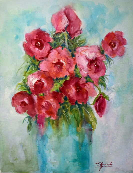 Gouache painting of a teal vase packed full of beautiful pink flowers in various stages of bloom; artist Teri Gammalo; 11"Wx15"H