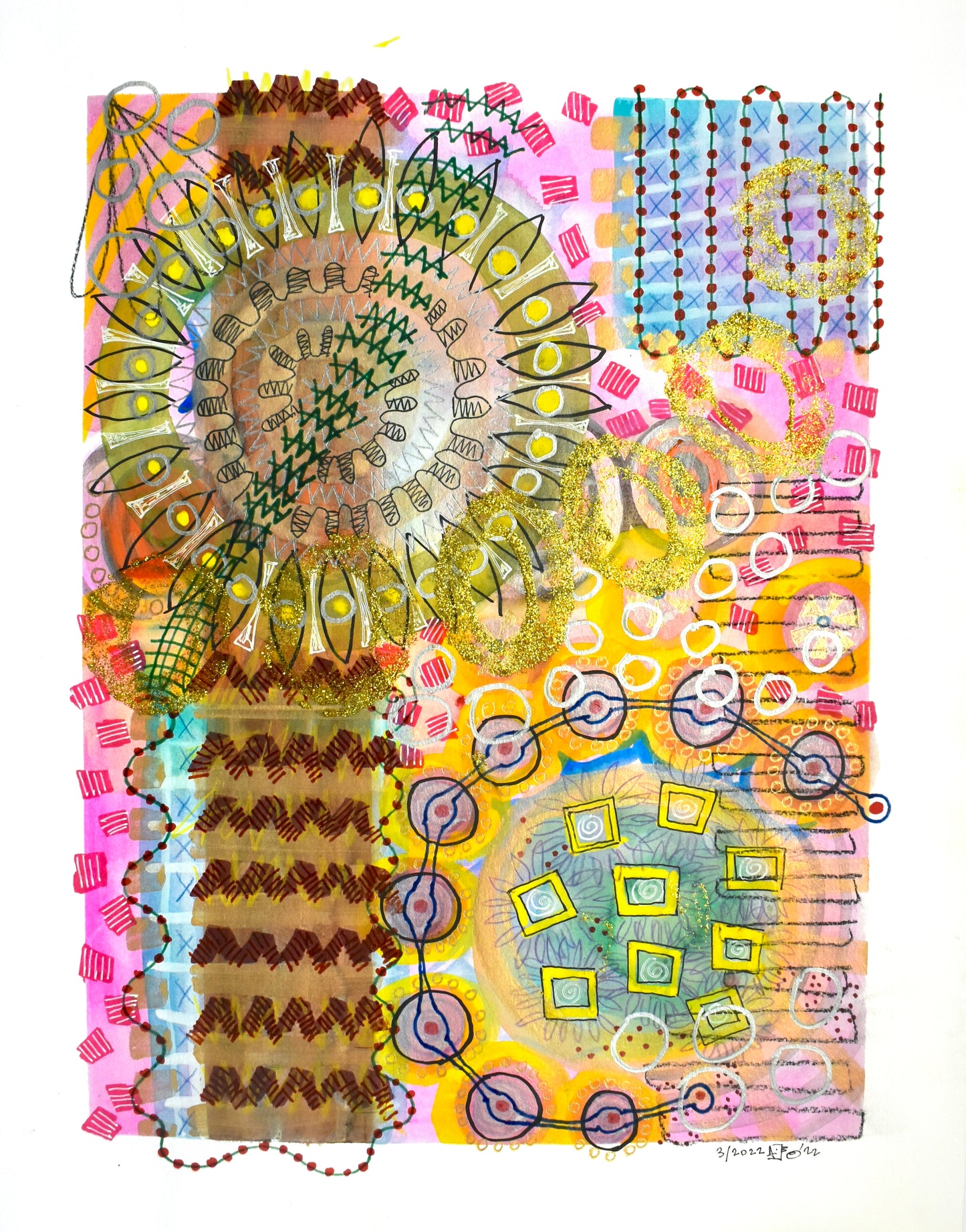 Colorful mixed media featuring numerous shapes, including zig zags, circles, lines, dots. Pen and ink; artist Jenifer Hernandez; 11"Wx14"H