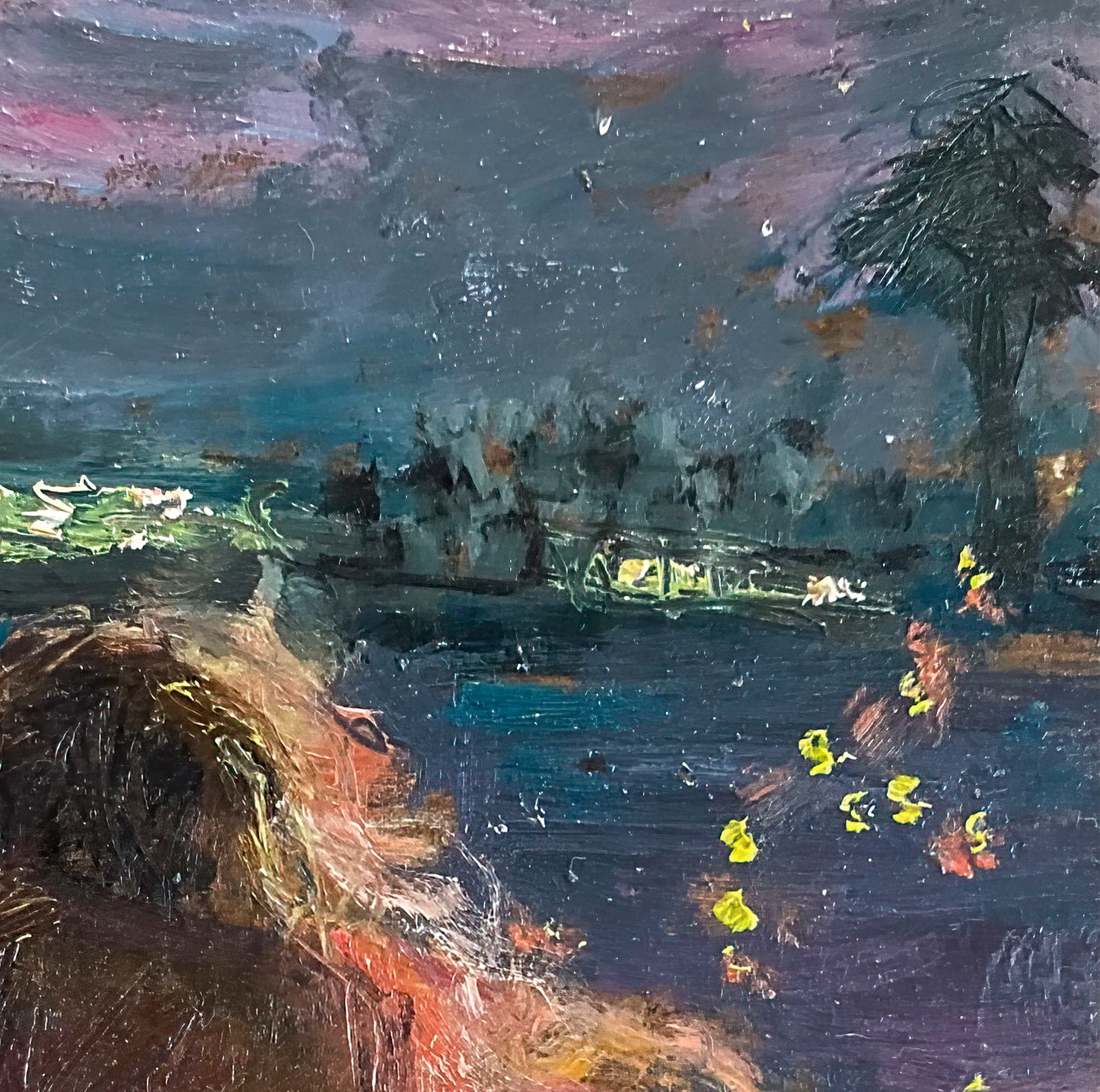 Close up of the painting shows the background of a lake or ocean and palm tree in the distance.