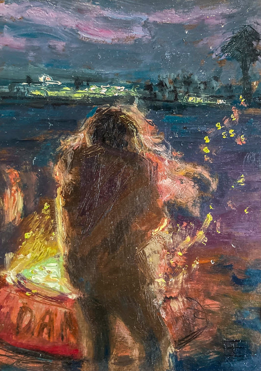 Painting shows a figure standing in front of a bonfire, sparks flying. The beginning of the word danger can be seen on the firepit.