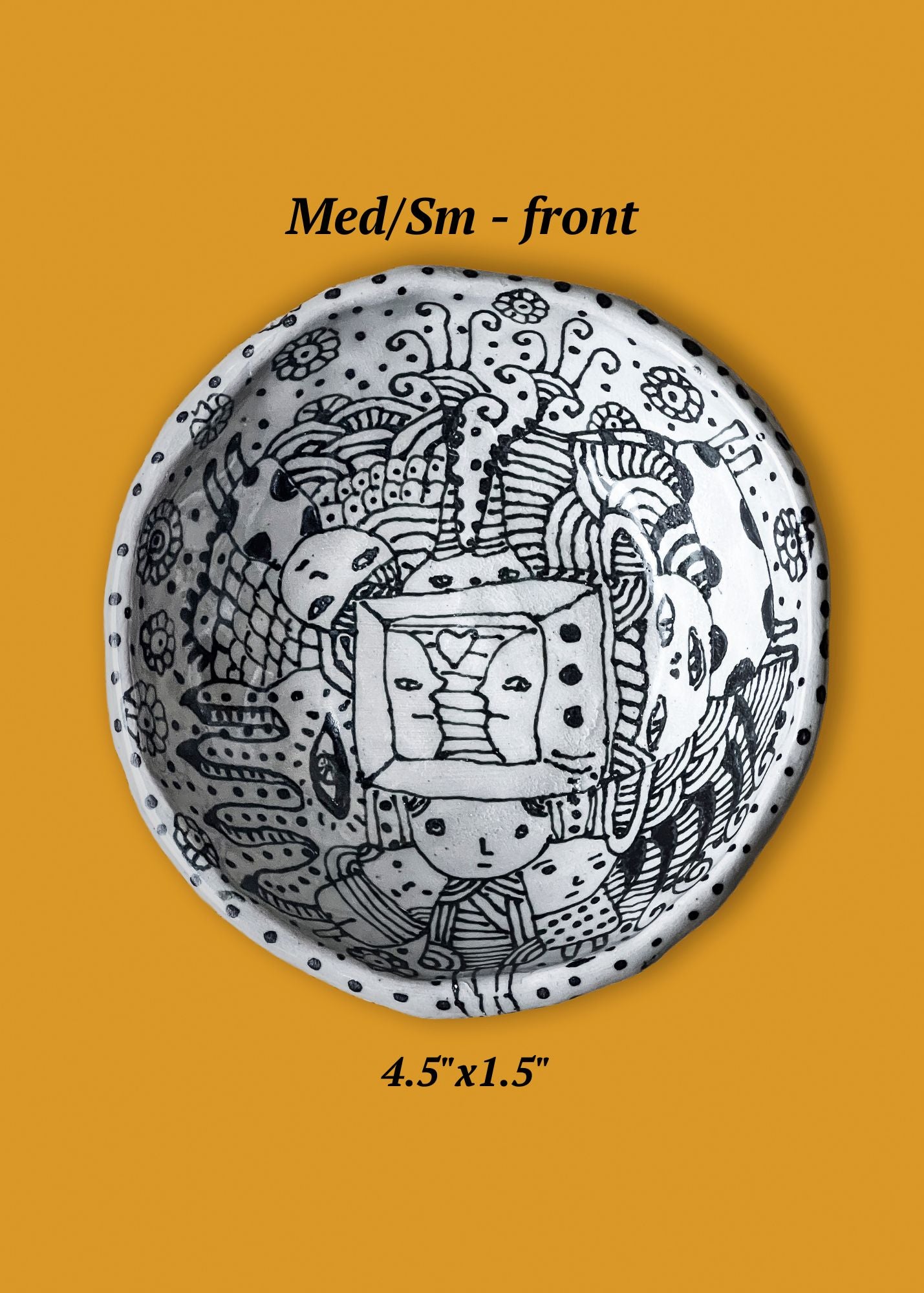 Front version of ceramic bowl with eclectic ink-drawn designs of animals, flowers, geometrics; artist Deb Blanco; 4.5" x 1.5"