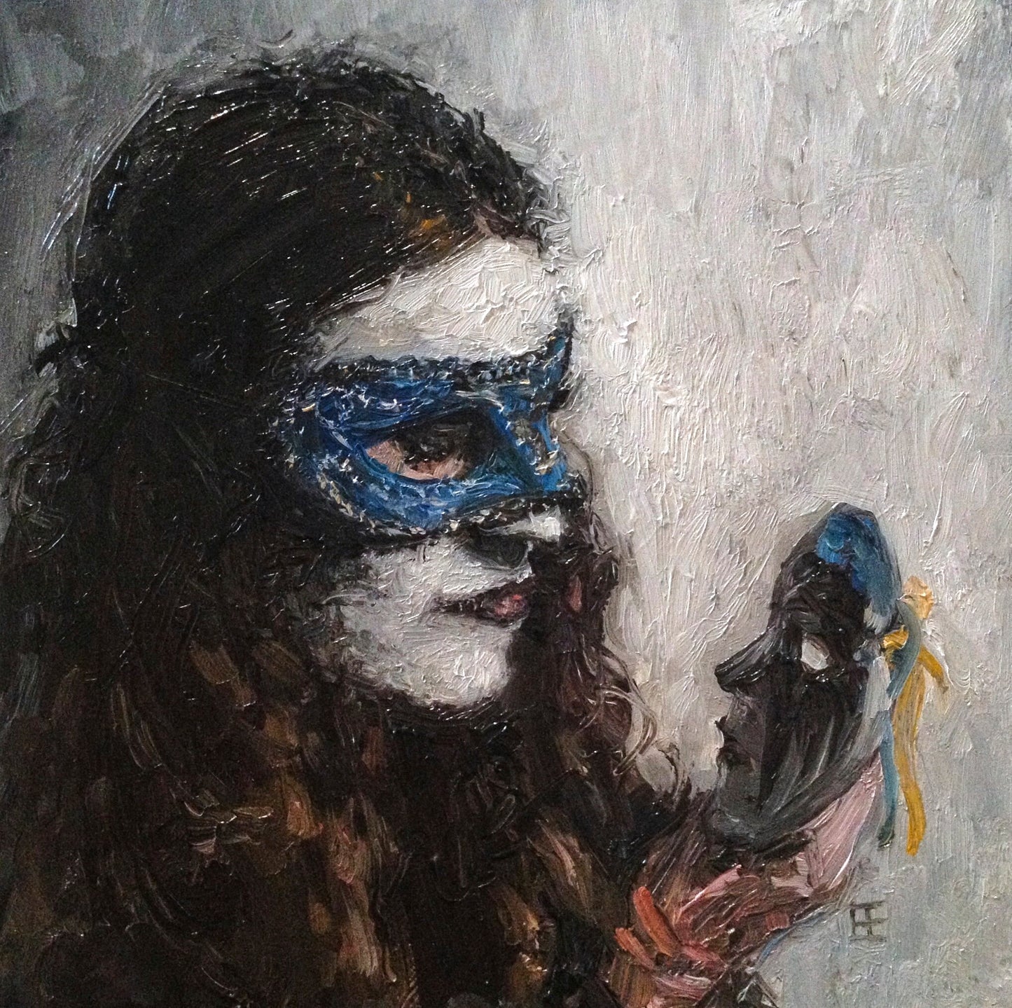 Masked woman with white make up wearing blue mask holds up a new black mask to consider; artist E. E. Jacks; 6"Wx6"H
