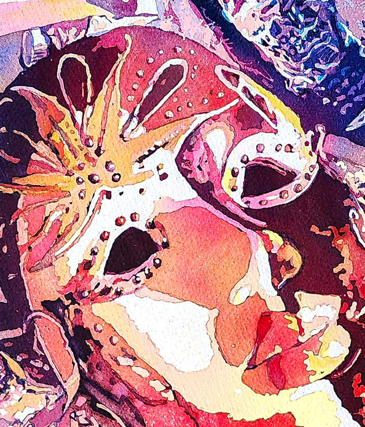 Detail of mask in multi-colored watercolor painting titled 'Distraction' depicting paint tubes surrounding the mask of a face; artist Leslie Lambert