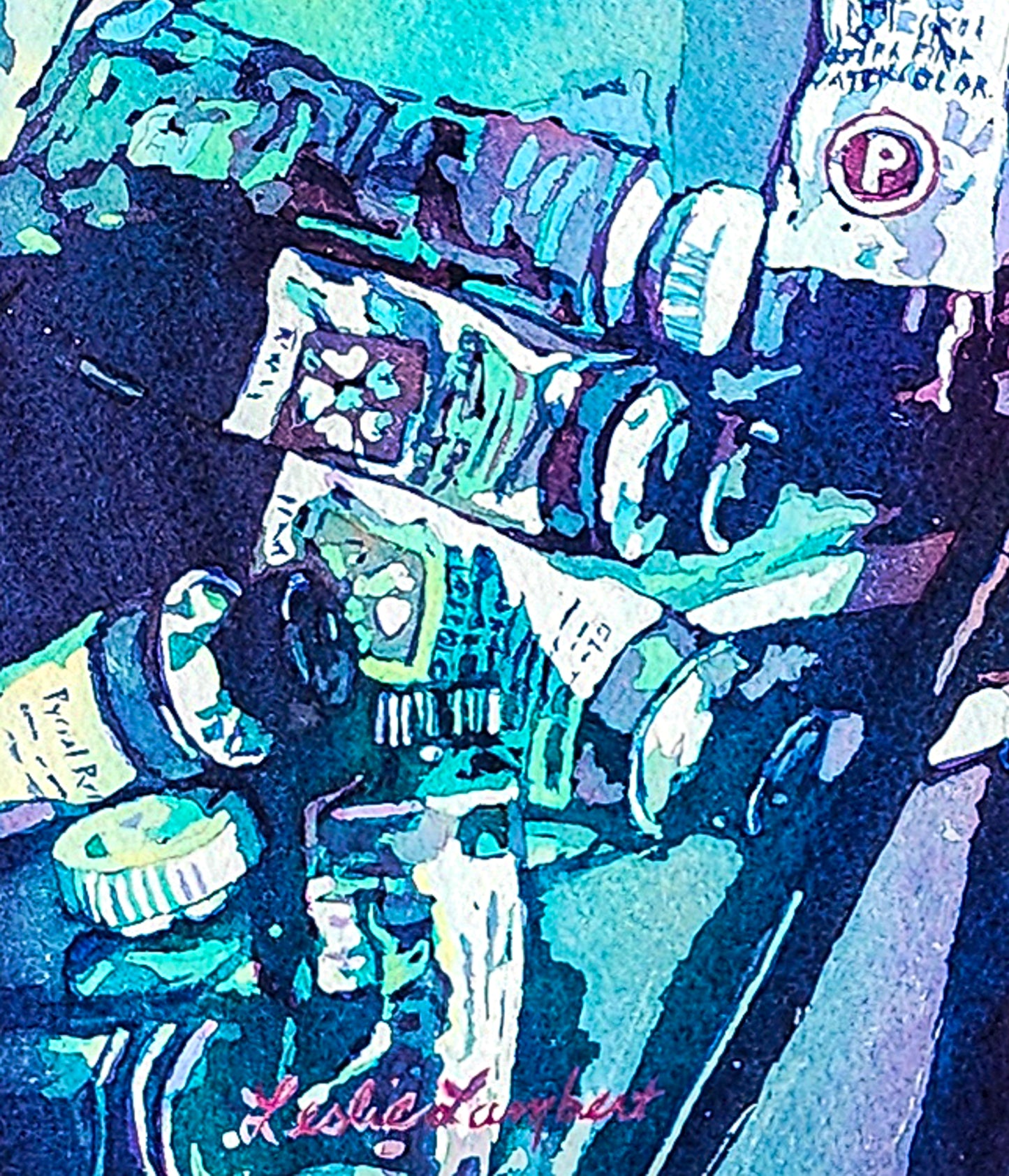 Detail of blue paint tubes in multi-colored watercolor painting titled 'Distraction' depicting paint tubes surrounding the mask of a face; artist Leslie Lambert