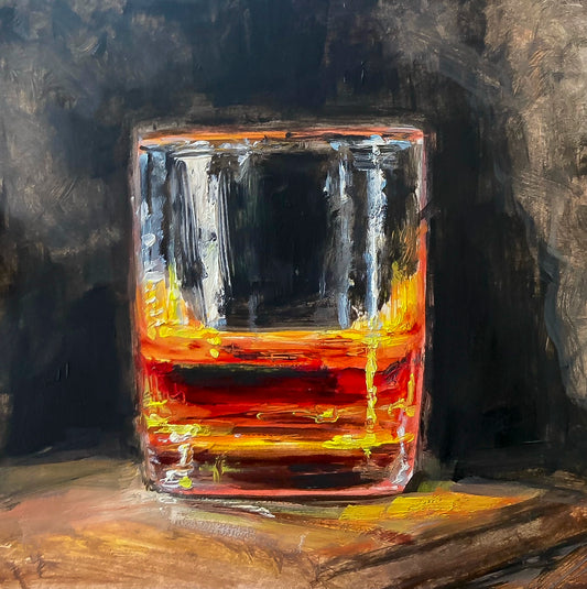 Oil painting of cocktail glass and drink by E. E. Jacks - dark background