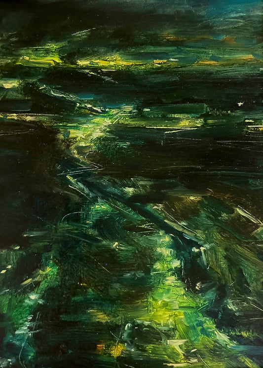 Abstract oil painting in green shades titled 'East End' by E. E. Jacks  