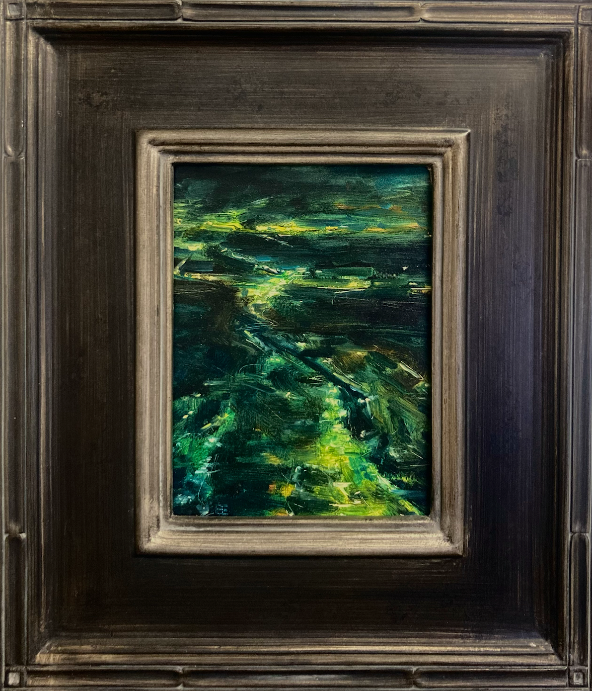 Abstract oil painting in green shades titled 'East End' by E. E. Jacks with light wood frame