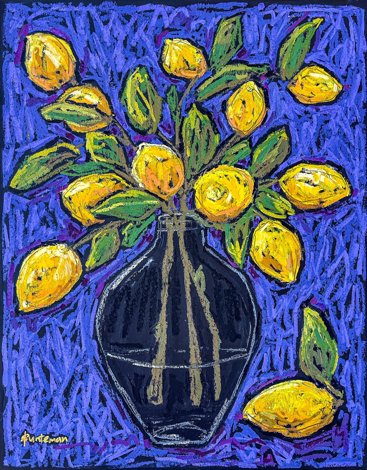 Bright and vivid oil pastel painting of clear vase filled with yellow lemons and their leaves against a blue background; artist Rachel Bunteman