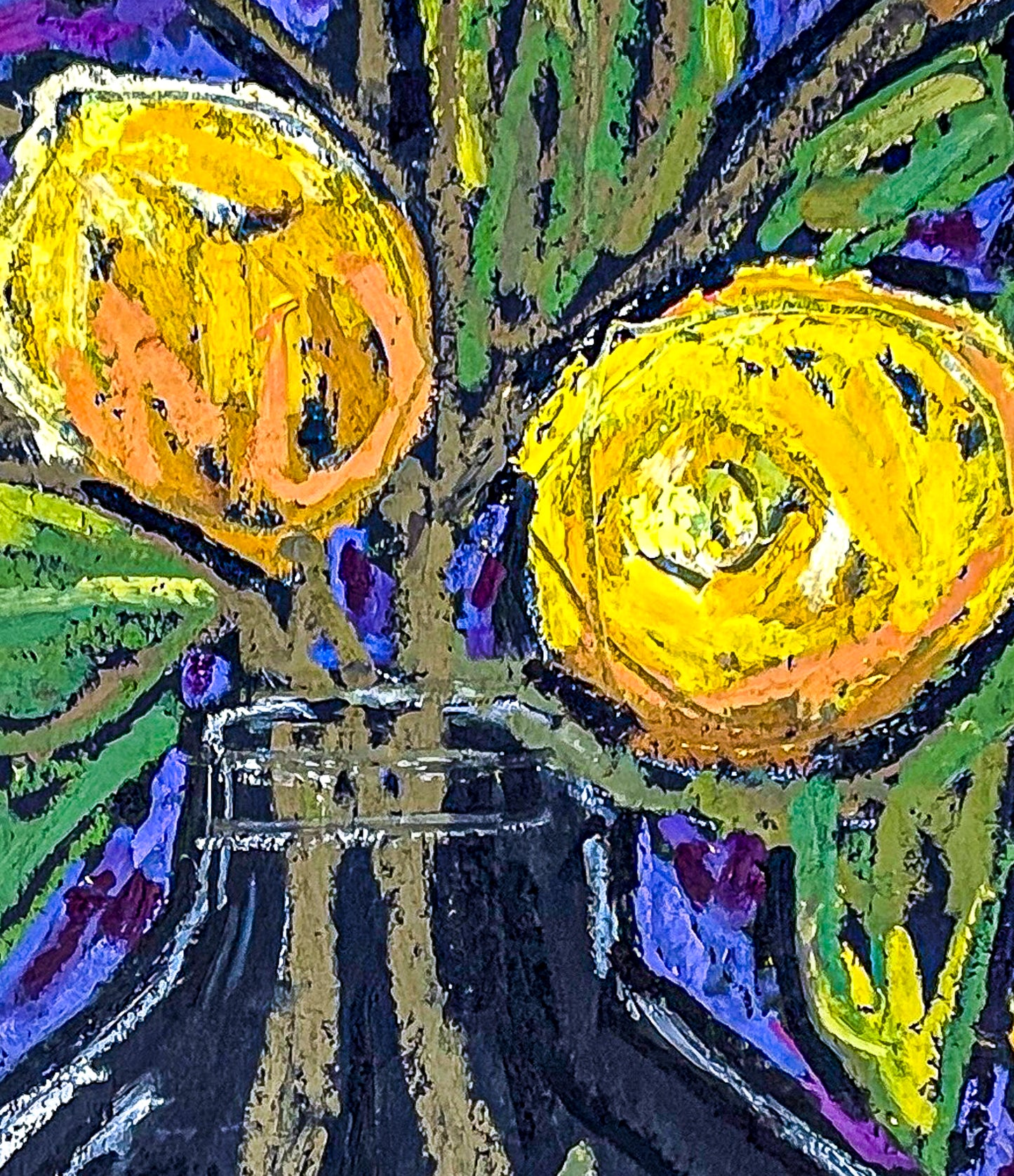 Close up image of the vibrant yellow lemons and green leaves. Image shows the textures created by the oil pastels.