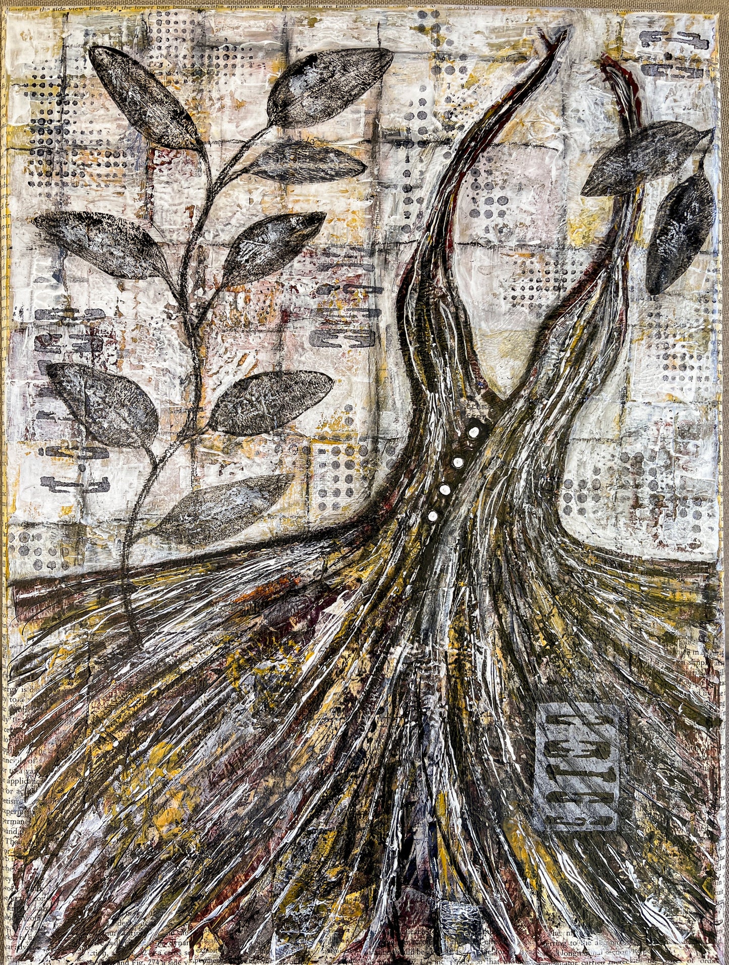 Mixed media painting of a flowing black dress on a muted checked patterned background. Colors are browns and blacks. The dress is set among a few branches of leaves. 