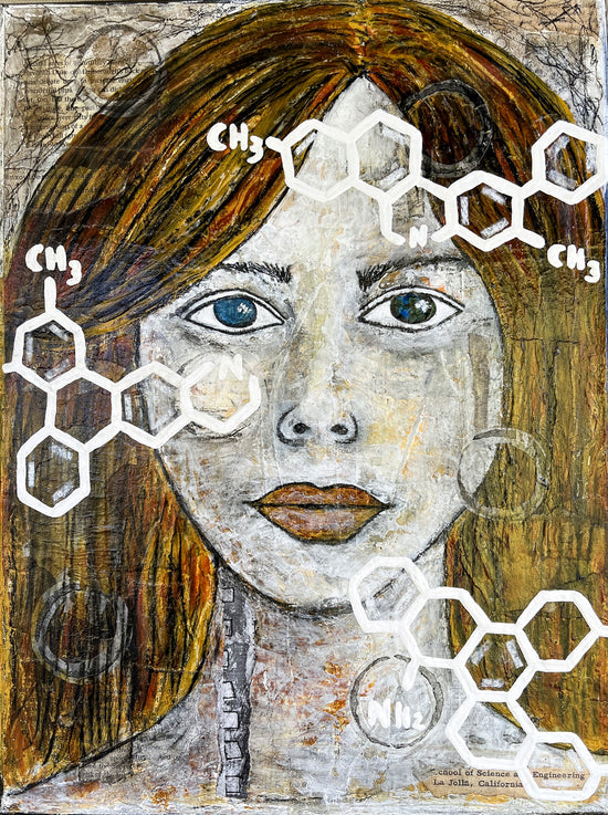 Analysis is a portrait of a woman with a pale white face and brown hair. Painted on top of the image are images of molecules in white as if the subject is trying to look through them.