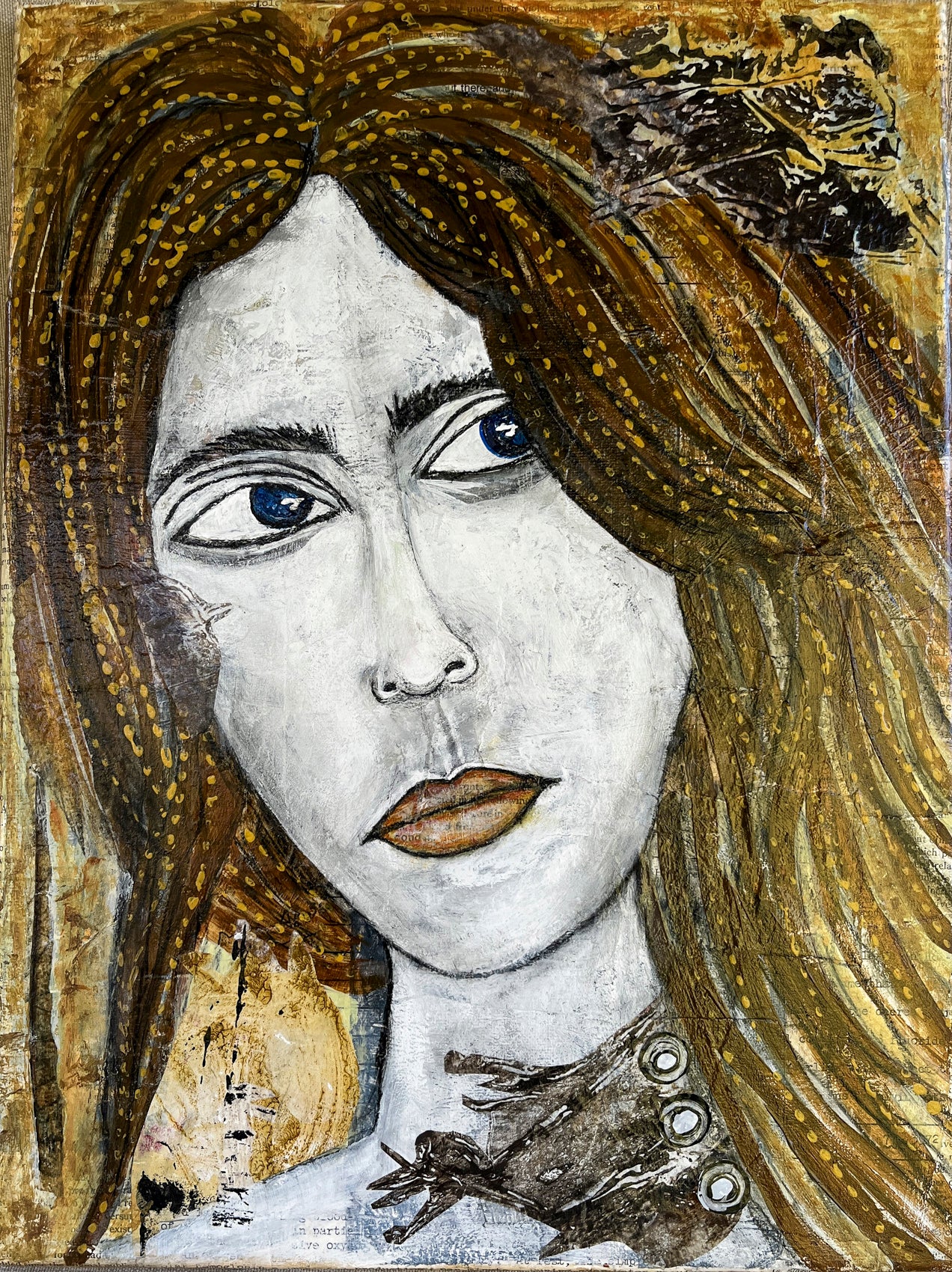 Kris Estenger's MyNeckTie is a close up portrait of a pale woman looking sideways. Her brown hair is in cornrows and there is a grommeted scarf on a portion of her neck. The colors are warm browns, golds, black and white.