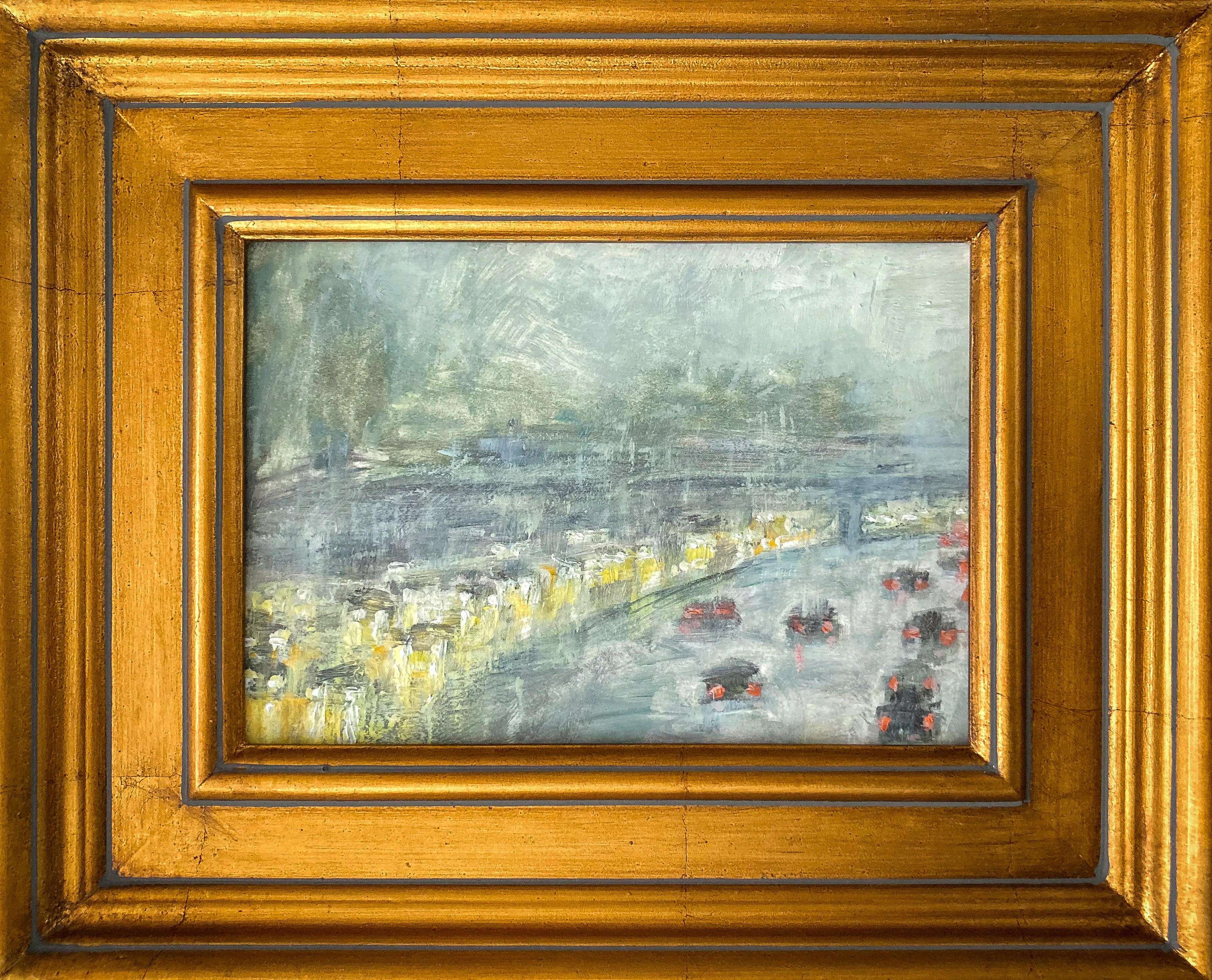 Oil on paper painting; impressionistic view of traffic w/red tail lights and headlights in mist/rain; 5"x7" w/wood gold gild frame; artist E. E. Jacks