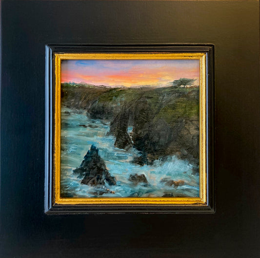 Colorful oil painting; impressionistic view of coastline w/water, cliffs, and sunset sky; 6"x6" image with 3" dark wood frame w/gold inset; artist E. E. Jacks