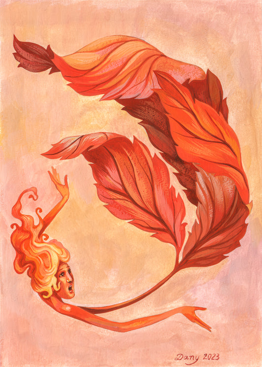 A leaf is in a free fall but a closer look shows the stem of the leaf has a face, arms and a full head of hair that is flowing in the fall. The colors are autumn hues of burnt oranges against a pale peach background.