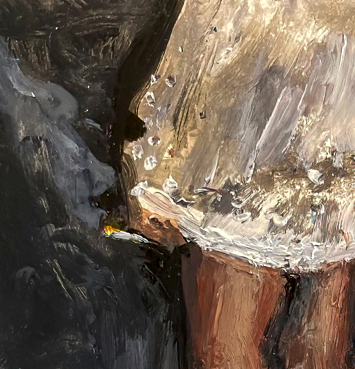 Close up of the white skirt shows the fine texturing and shading of the piece.