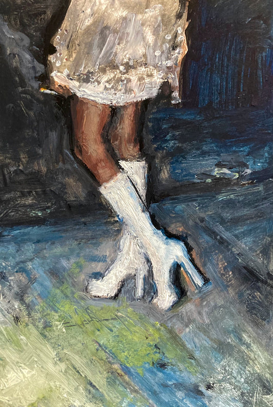 High top, high heeled boots are the subject of this painting, which also shows the legs and the skirt of the boots owner. 