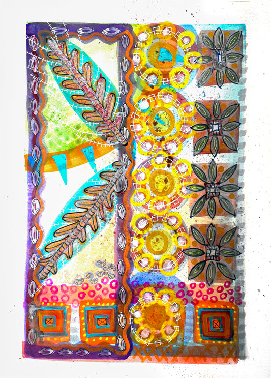 Multi-colored mixed media abstract original by Jenifer Hernandez; gouache background with added embellishments of gel pen, ink, and acrylic pen; titled 'Feathers'