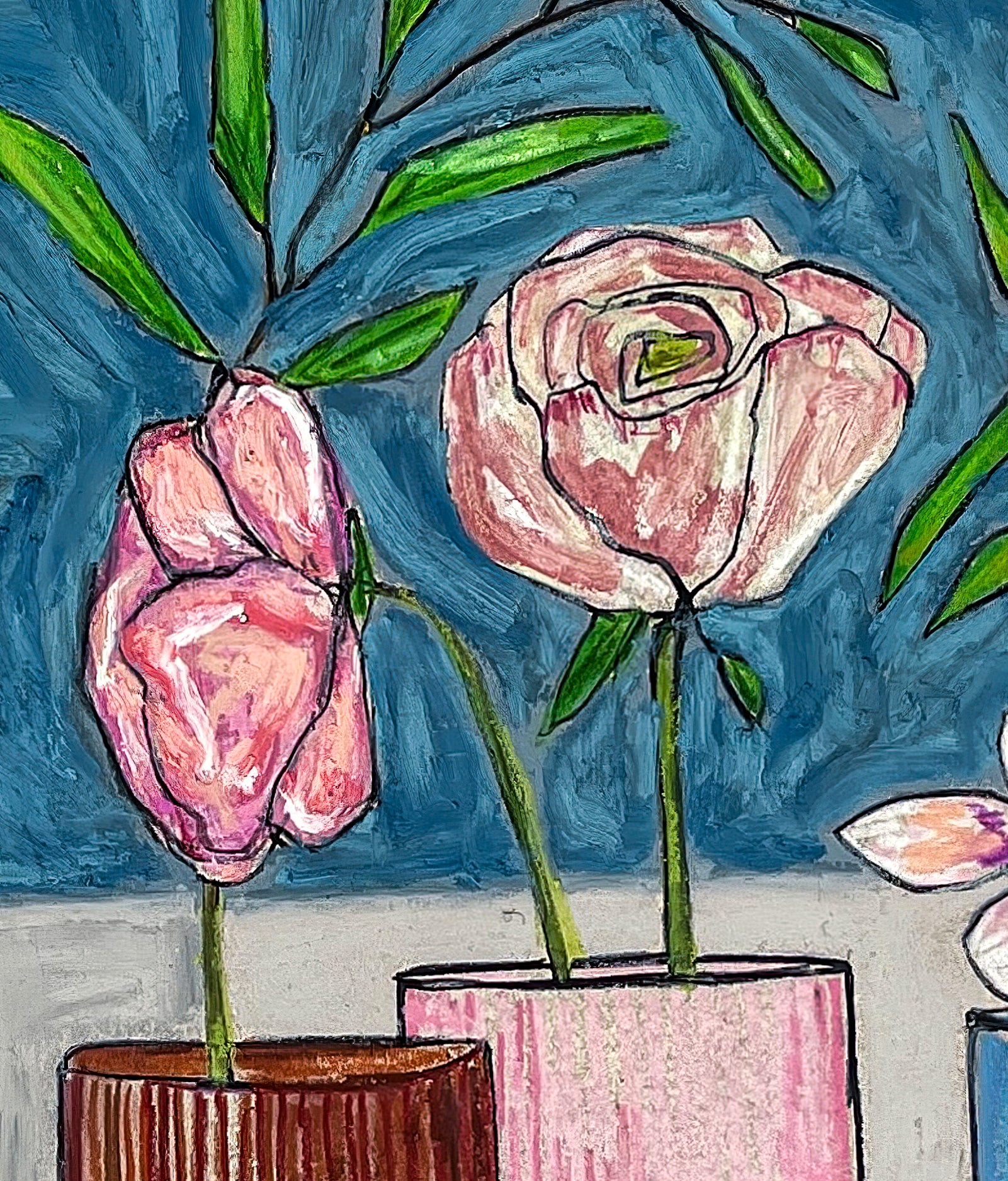This close up look shows the details of the  pink flowers in vases against a blue background. The green leaves are also shown. 