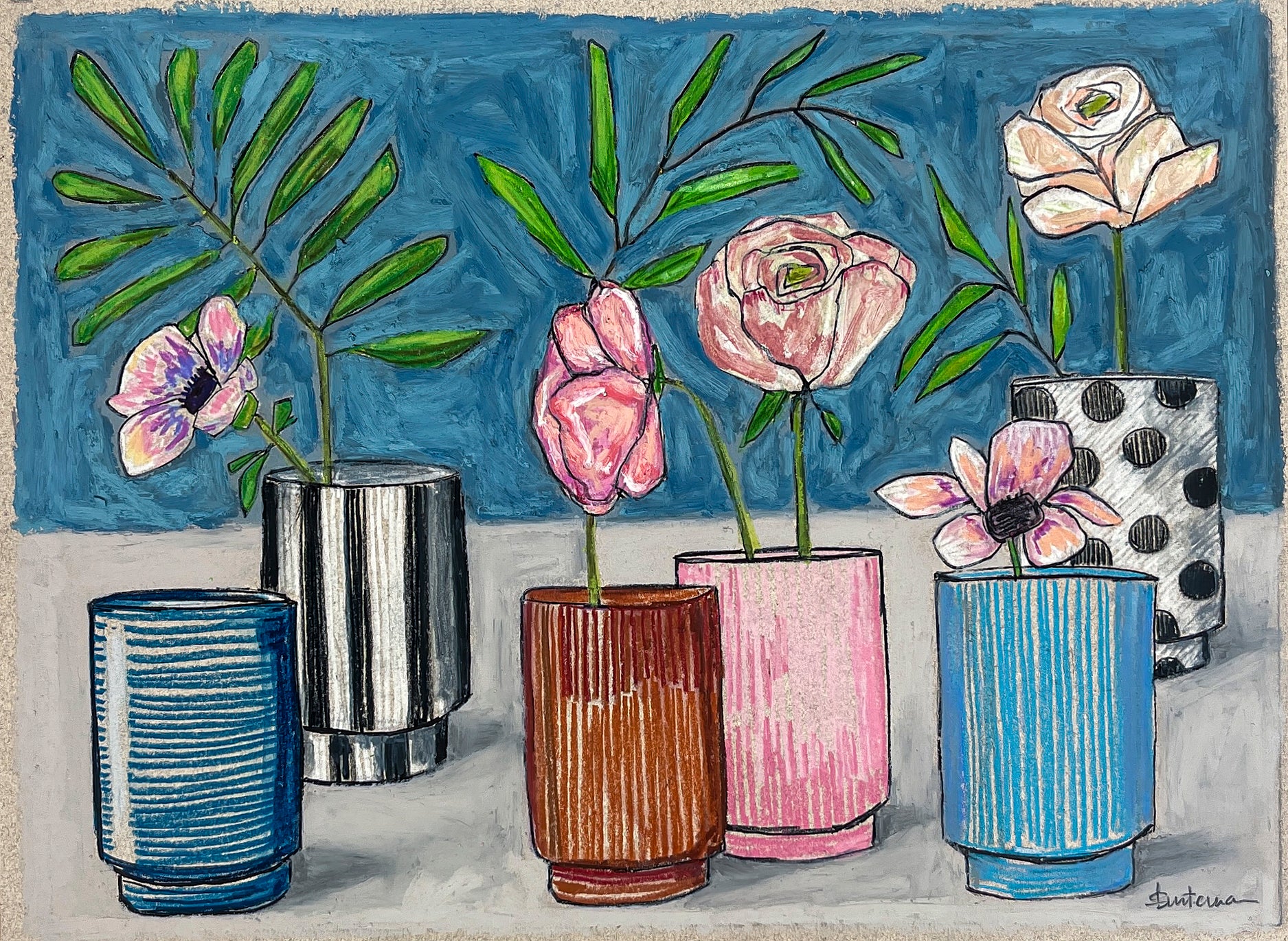 Colorful vases with flowers against a blue background. The vases are all similar in shape, but a variety of colors and designs. The flowers are also a variety of shape, but all in pink tones highlighted by green leaves. One vase is empty.
