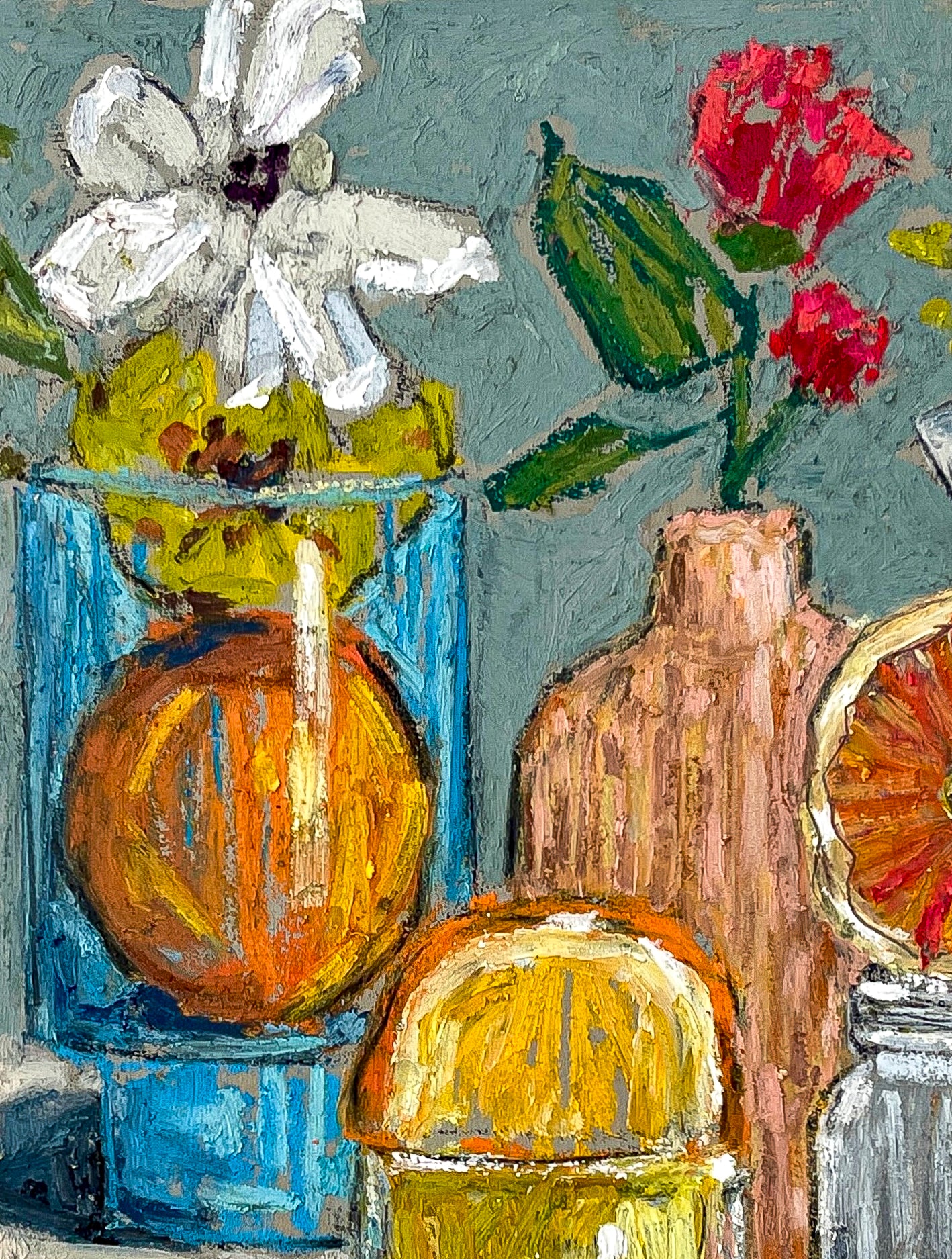 Colorful still life painting with flowers and vases on a textured background of gray green. The vases also hold fruit, pears and citrus