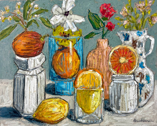Still life painting with fruits, flowers, and decorative jars on a textured surface.  The flowers are various colors and shapes and there are pieces of fruit mixed among the vases.