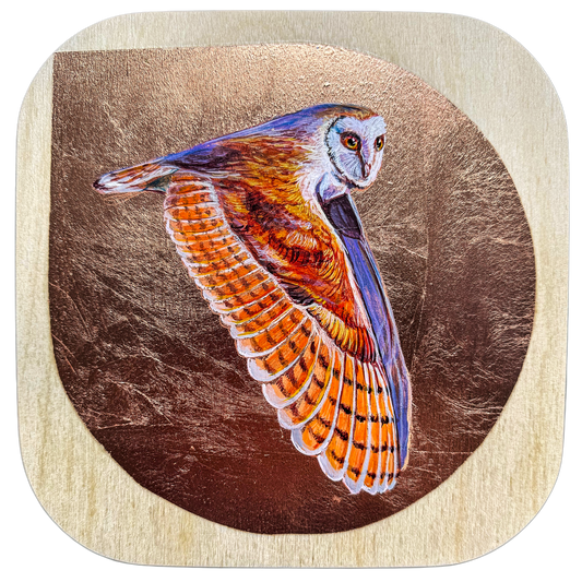 Colorful painted flying owl against copper leaf background on birch wood panel; 8"x8"; artist Marie Lavallee