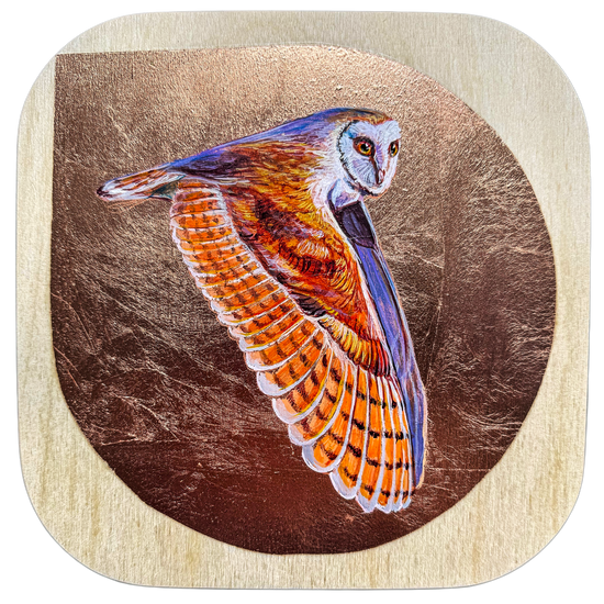 Colorful painted flying owl against copper leaf background on birch wood panel; 8