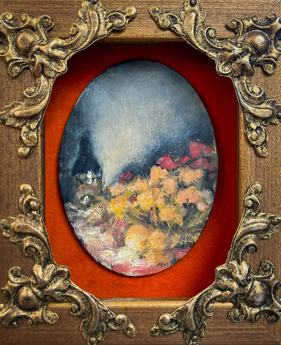 Miniature painting and frame titled For Them by artist E. E. Jacks; oval impressionistic painting of flowers and tower in ornate gold frame; 4