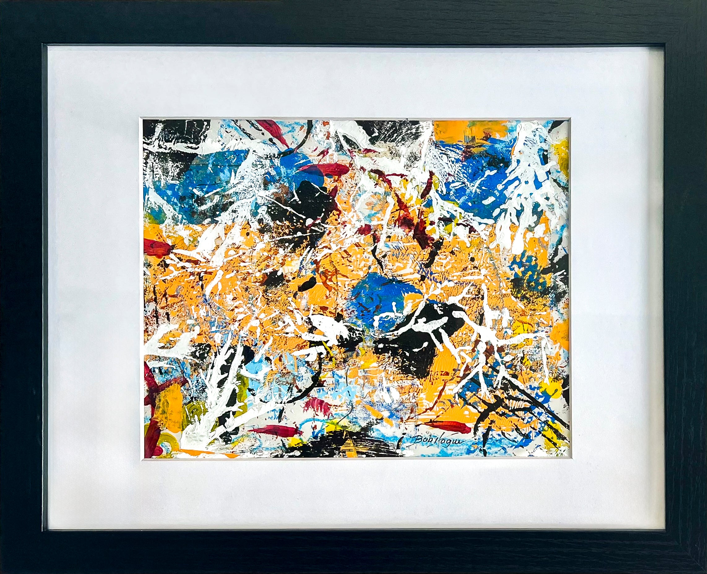 Colorful abstract painting using acrylic; predominant blue, yellow, and white; artist Bob Hogue; 8"x10" and w/black wood frame and white mat  11"x 14"