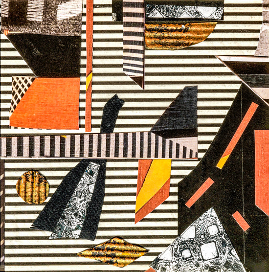 Dynamic collage with geometric shapes and stripes in black, white, orange, and yellow; artist Bob Hogue