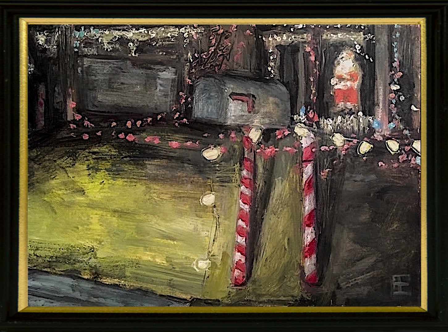 Front yard of a home with a mailbox, candy cane decorations, Christmas lights and Santa standing in the window; artist E.E. Jacks; 9"Wx7"H