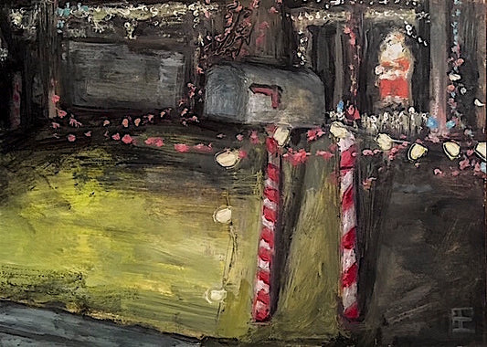 Front yard of a home with a mailbox, candy cane decorations, Christmas lights and Santa standing in the window; artist E.E. Jacks; 7"Wx5"H