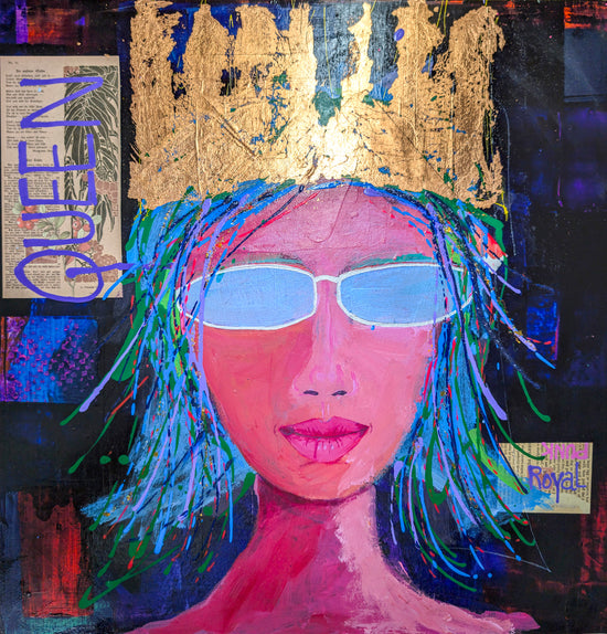 Gina Barnes' flair with color is in full force in this portrait of a modern day Queen with a gold leaf crown. The woman's face and neck are pink with blue hair and mirrored sunglasses. Long may she reign! 