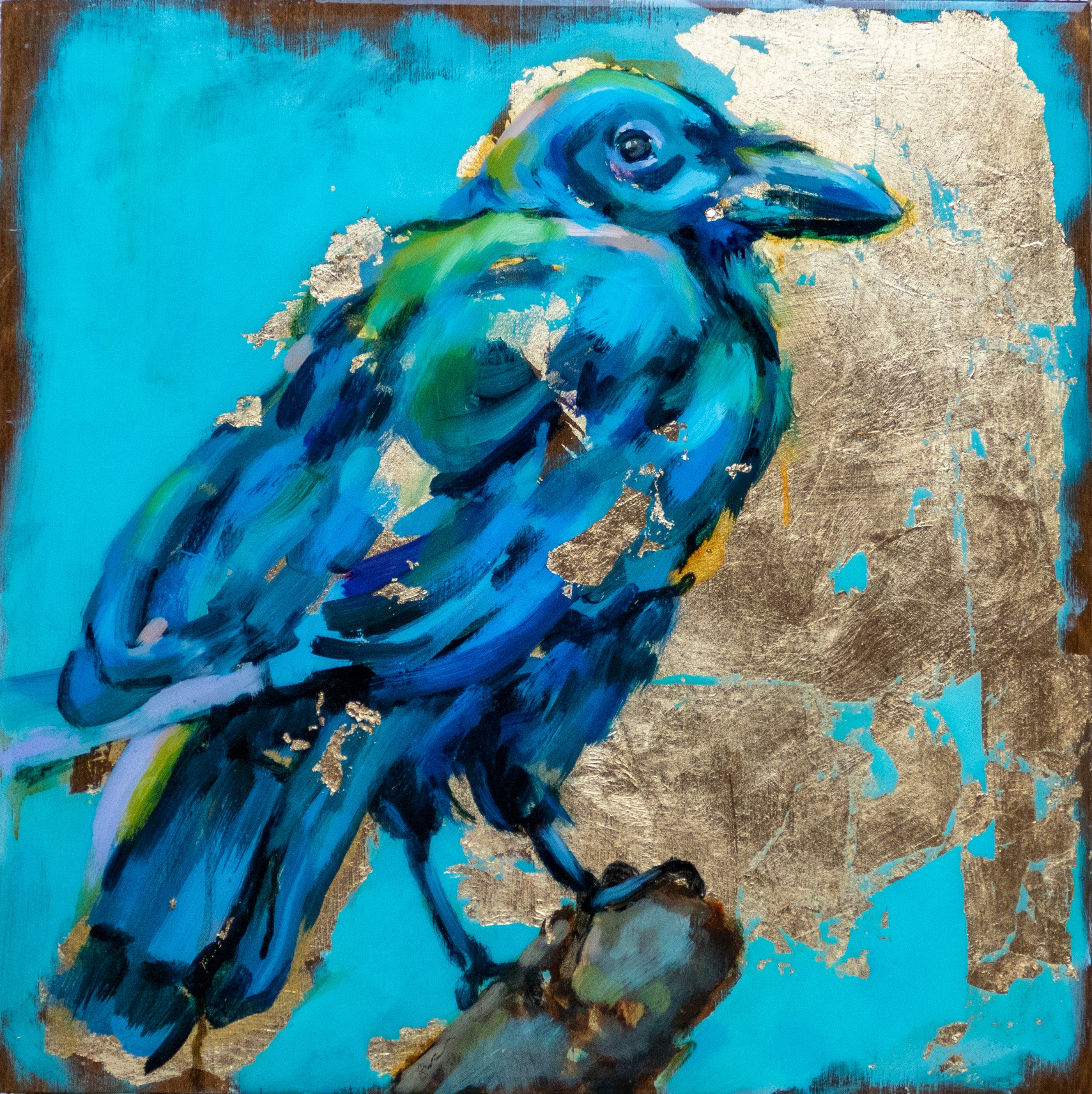14"x14" painting of Raven using mixed media; acrylic and oil, pencil, and gold leaf with glossy resin finish on surface; shades of blue and gold; artist Shaney Watters