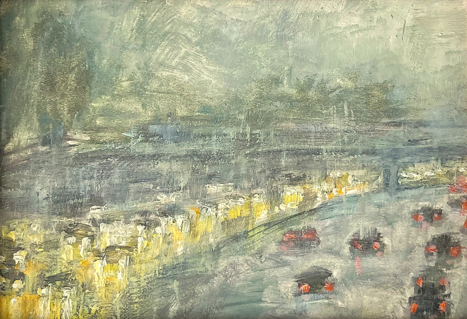 Oil on paper painting; impressionistic view of traffic w/red tail lights and headlights in mist/rain; 5"x7" image; artist E. E. Jacks